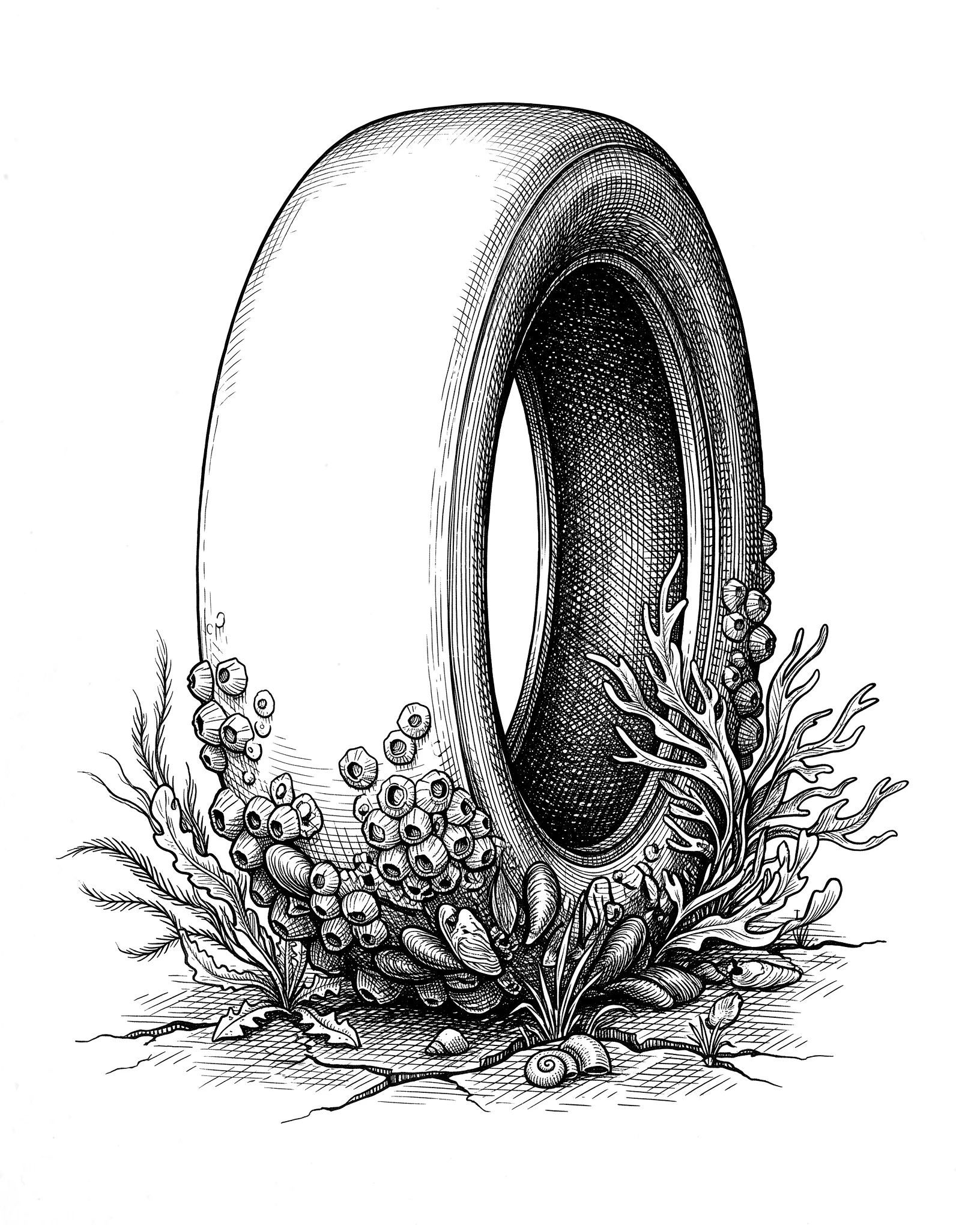 Grabado de historia natural: una llanta enteramente lisa apoyada sobre un lecho de asfalto agrietado, con percebes y conchas incrustados en su mitad inferior y frondas de alga creciendo entre las grietas.