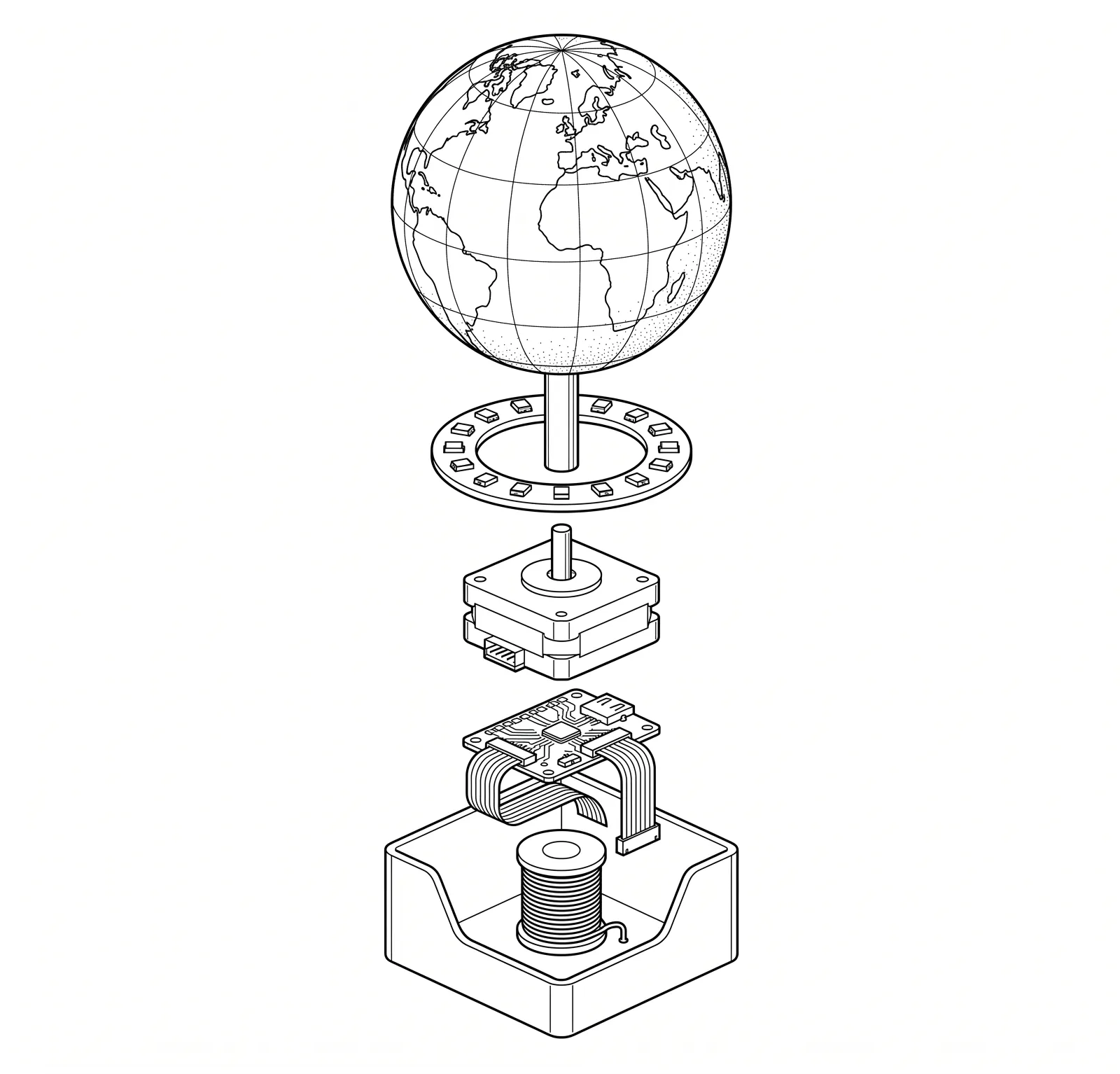 Dibujo técnico de despiece: una esfera terrestre montada sobre un eje, un anillo de diodos LED, un motor a pasos, una tarjeta controladora con cables planos y una bobina de cobre alojada en la base.